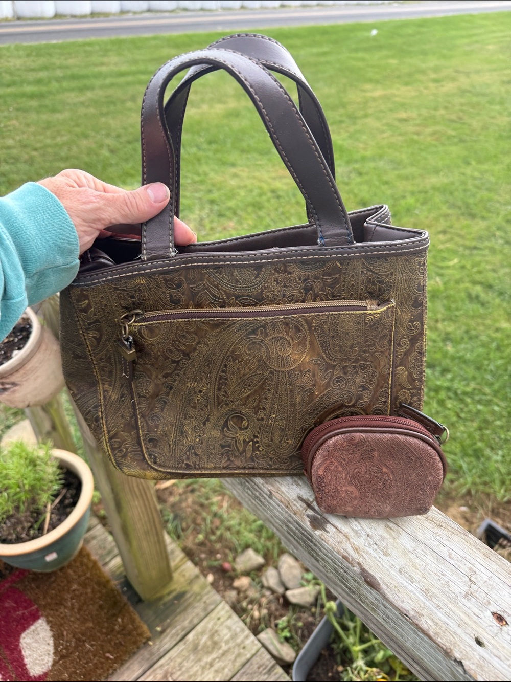 Women's Embossed Brown Leather Tote with Matching Coin Pouch